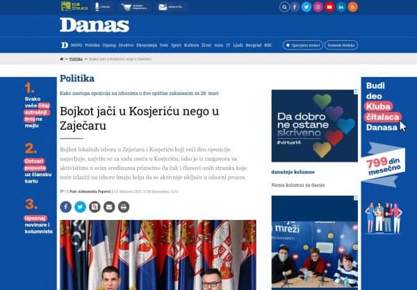Снимак екрана сајта Данас са насловом „Бојкот јачи у Косјерићу него