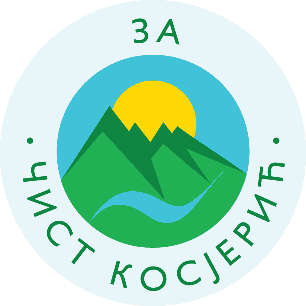 Kružni logo sa planinama, suncem i tekstom „Za čist Kosjerić“