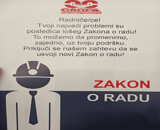 Plakat sa tekstom „Zakon o radu“ i radnikom sa šlemom