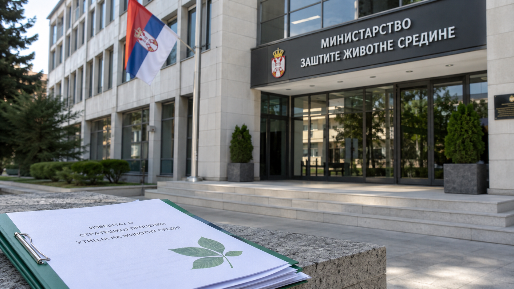 Zgrada Ministarstva zaštite životne sredine sa srpskom zastavom i dokumentima