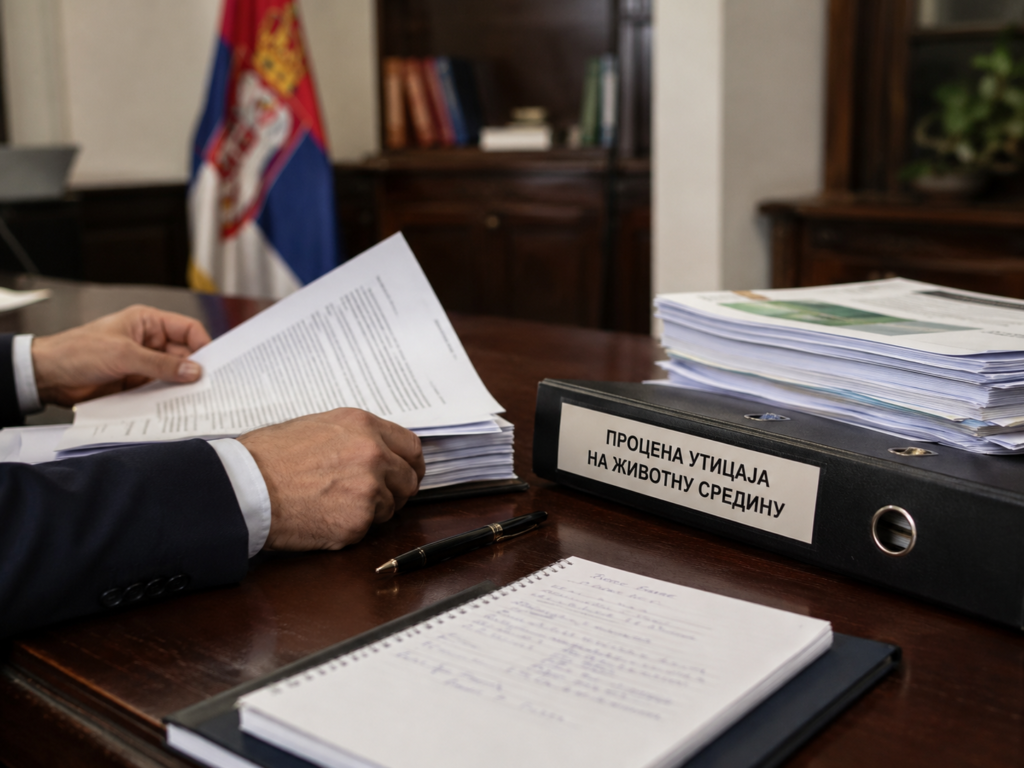 Ruke pregledaju dokumente pored fascikle „PROCENA UTICAJA NA ŽIVOTNU SREDINU“