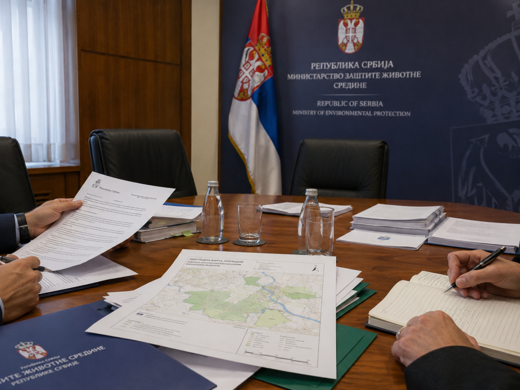 Sastanak u Ministarstvu, dokumenti i mapa na stolu